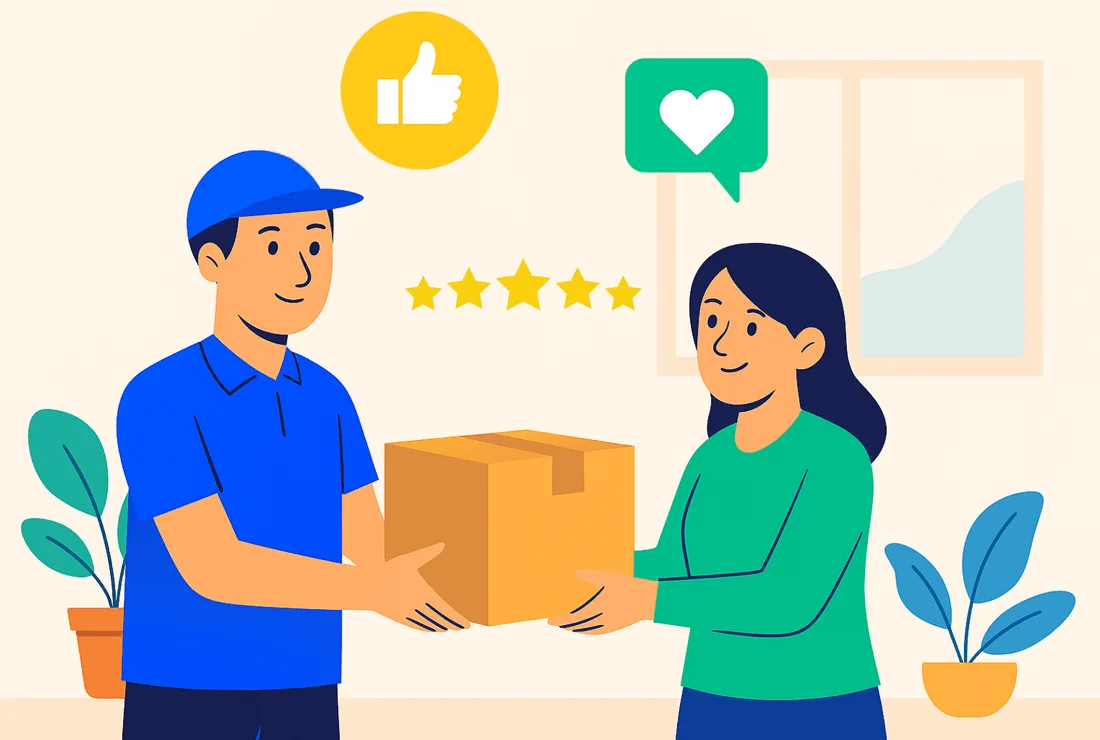 Illustration of a satisfied buyer receiving a fast delivery after live tracking updates